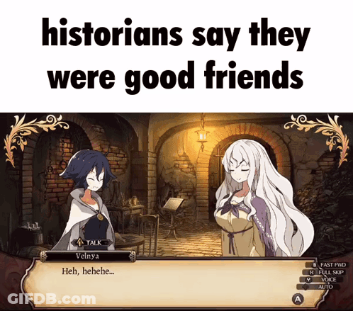 A Screenshot Of A Video Game That Says ' Historians Say They Were Good Friends ' On The Bottom GIF
