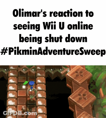 A Screenshot Of A Video Game That Says Olimar 'S Reaction To Seeing Wii U Online Being Shut Down GIF