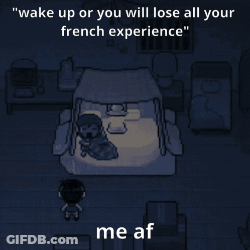 A Screenshot Of A Video Game That Says " Wake Up Or You Will Lose All Your French Experience Me Af " GIF