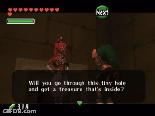 A Screenshot Of A Video Game That Says " Will You Go Through This Tiny Hole And Get A Treasure Thats Inside " GIF