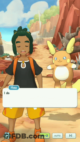Video Game Screenshot Of Hau Talking To Pokémon GIF