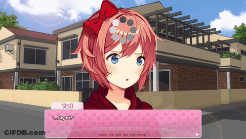 A Screenshot Of A Video Game With A Girl Named Yuri Saying " Sayori " GIF