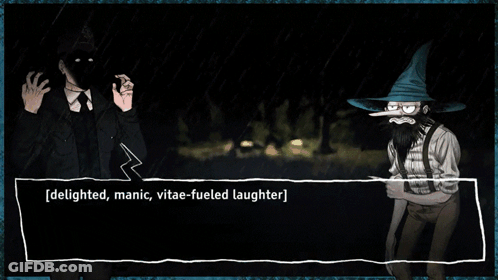 A Screenshot Of A Video Game With A Man In A Wizard Hat Saying " Delighted Manic Vitae-Fueled Laughter " GIF