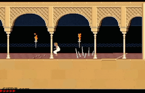 A Screenshot Of A Video Game With Arches And A Red Button That Says ' Start ' On It GIF