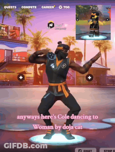 A Screenshot Of A Video Game With The Caption " Anyways Here 'S Cole Dancing To Woman By Doja Cat " On It GIF
