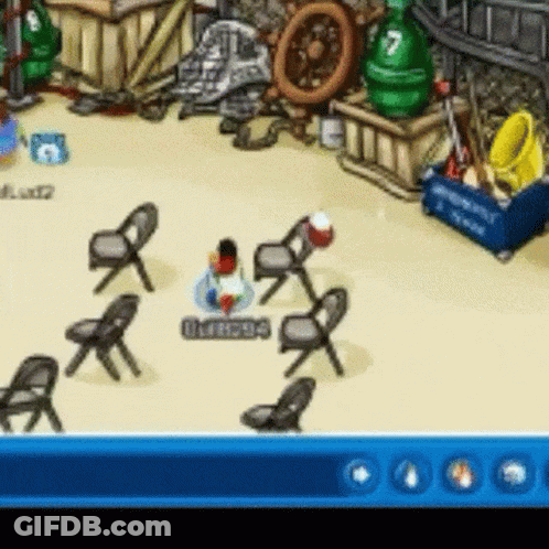 A Screenshot Of A Video Game With The Number 7 On The Green Bottle Behind The Chairs GIF