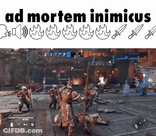 A Screenshot Of A Video Game With The Words Ad Mortem Inimicus On The Top GIF