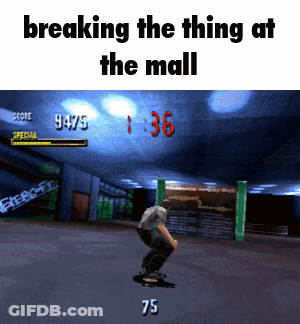 A Screenshot Of A Video Game With The Words " Breaking The Thing At The Mall " At The Top GIF