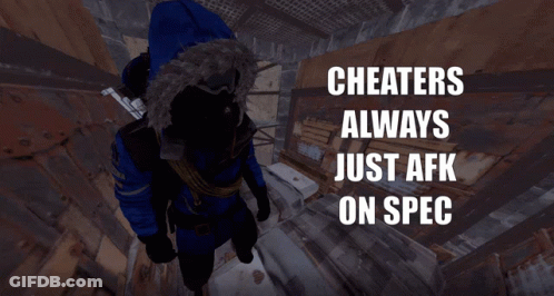 A Screenshot Of A Video Game With The Words Cheaters Always Just Afk On Spec GIF