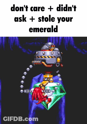 A Screenshot Of A Video Game With The Words " Don T Care + Didn T Ask + Stole Your Emerald " GIF