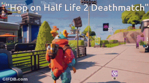 A Screenshot Of A Video Game With The Words " Hop On Half Life 2 Deathmatch " GIF
