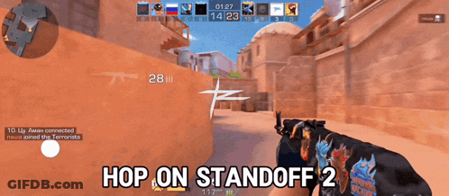 A Screenshot Of A Video Game With The Words Hop On Standoff 2 On The Bottom GIF