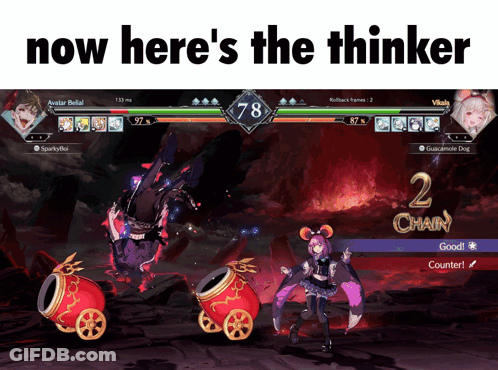 A Screenshot Of A Video Game With The Words Now Here 'S The Thinker At The Top GIF