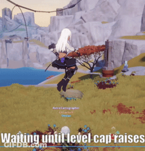 A Screenshot Of A Video Game With The Words " Waiting Until Level Cap Raises " At The Bottom GIF