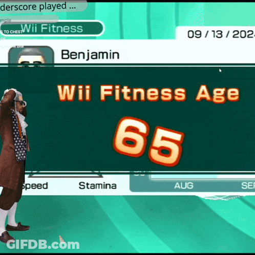 A Screenshot Of A Wii Fitness Game Shows Benjamin 'S Wii Fitness Age Is 65 GIF