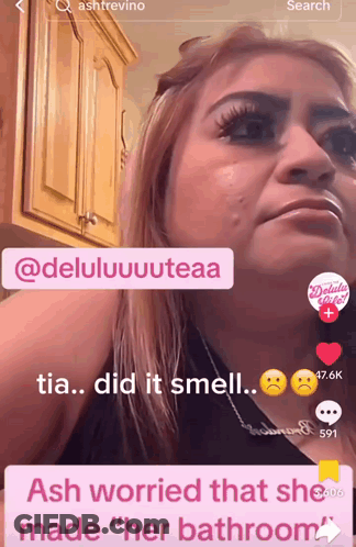 A Screenshot Of A Woman 'S Face With The Words " Ash Worried That She Made " Her Bathroom " GIF