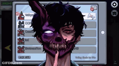 A Screenshot Of Among Us Shows A Character With A Purple Mask On His Face GIF