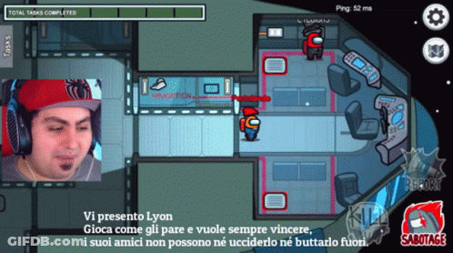 A Screenshot Of Among Us Shows A Man Wearing A Red Hat And Headphones GIF