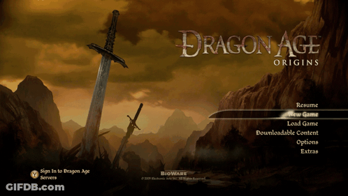 A Screenshot Of Dragon Age Origins Shows A Sword And Mountains GIF