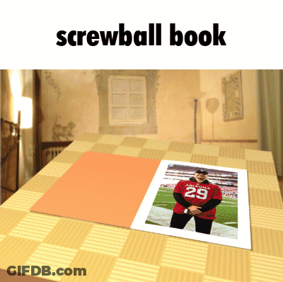 A Screwball Book With A Picture Of A Man Wearing A Number 29 Jersey GIF
