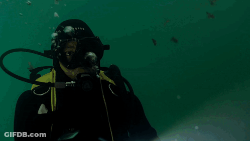 A Scuba Diver Is Holding A Flashlight While Swimming GIF
