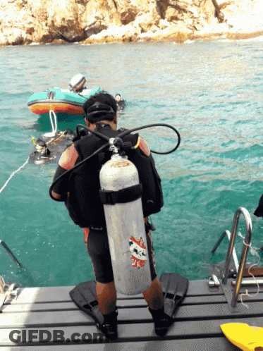 A Scuba Diver Is Standing On A Dock Holding A Scuba Tank With A Sticker On It GIF