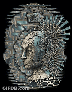 A Sculpture Of A Woman 'S Face Is Surrounded By A Maze Pattern GIF