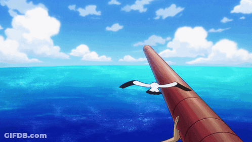 A Seagull Is Flying Over A Body Of Water With A Red Pipe In The Foreground GIF