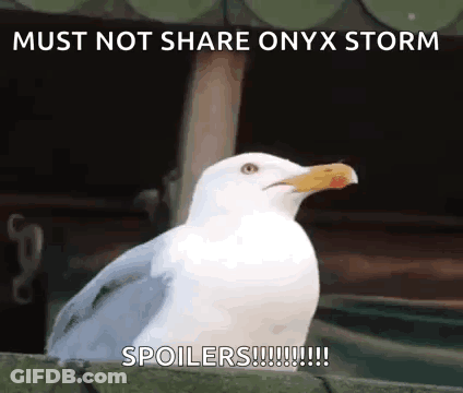 A Seagull Is Sitting On A Fence With The Words Must Not Share Onyx Storm Spoilers GIF