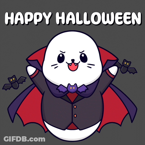 A Seal Dressed As A Vampire With Bats And The Words Happy Halloween GIF