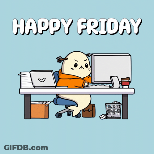 A Seal Sits At A Desk In Front Of A Computer With The Words Happy Friday Above Him GIF