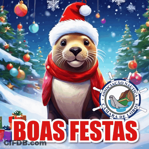 A Seal Wearing A Santa Hat And Scarf With The Words Boas Festas GIF