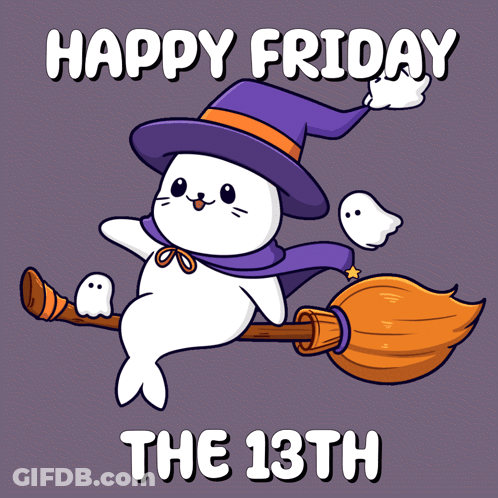 A Seal Wearing A Witch Hat Is Flying On A Broom With Ghosts Behind It And The Text Happy Friday The 13Th GIF