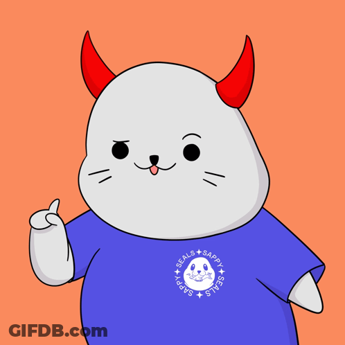 A Seal With Red Horns Is Wearing A Blue Shirt That Says Seals Sappy GIF