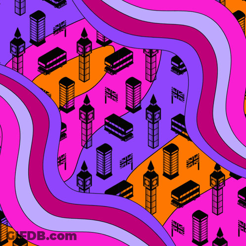 A Seamless Pattern Of British Buildings And Buses On A Pink And Purple Background GIF