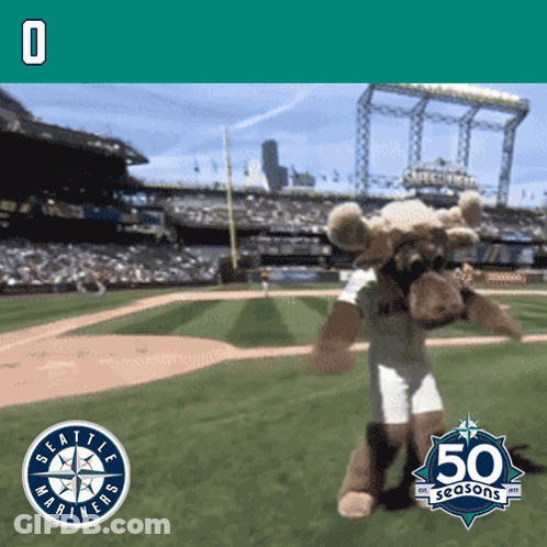 A Seattle Mariners Mascot Is Dancing On The Field GIF