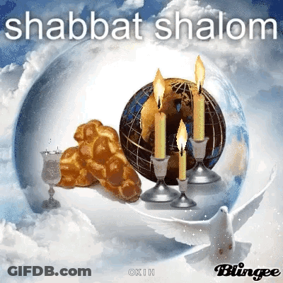 A Shabbat Shalom Greeting Card With A Globe , Candles , Bread And A Dove . GIF
