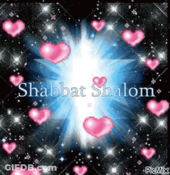 A Shabbat Shalom Greeting Card With Pink Hearts And Stars . GIF