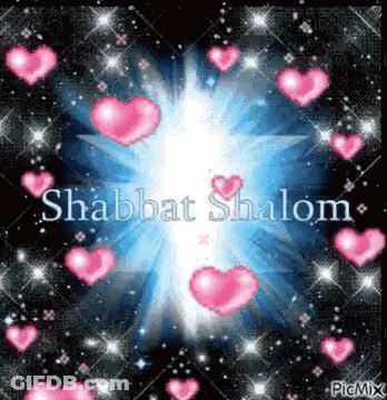 A Shabbat Shalom Greeting Card With Pink Hearts And Stars . GIF
