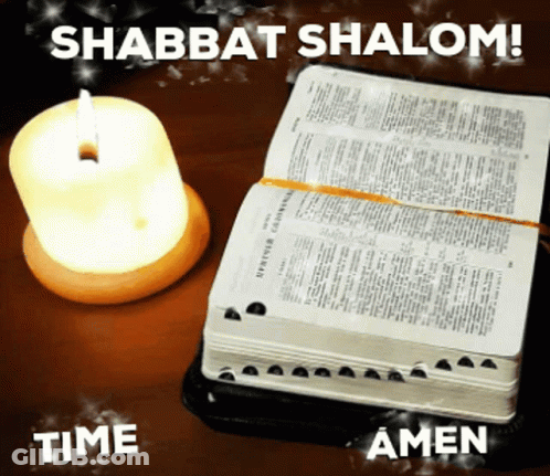 A Shabbat Shalom Sign With A Bible And A Lit Candle GIF