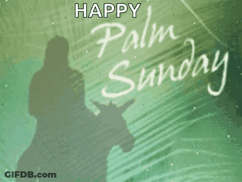 A Shadow Of A Person Riding A Donkey With The Words Happy Palm Sunday Written In White GIF