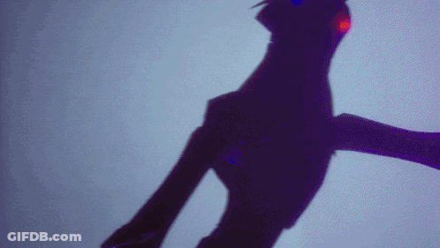 A Shadow Of A Person With A Red Eye Is Against A Blue Background GIF