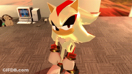 A Shadow The Hedgehog Is Standing In Front Of A Computer In A Room GIF