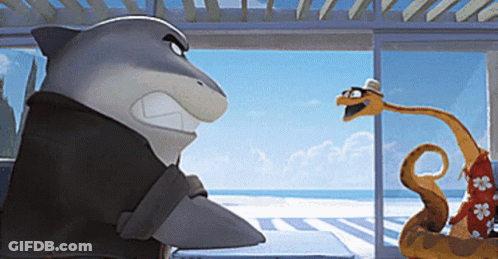 A Shark And A Snake Are Standing Next To Each Other In Front Of A Window GIF