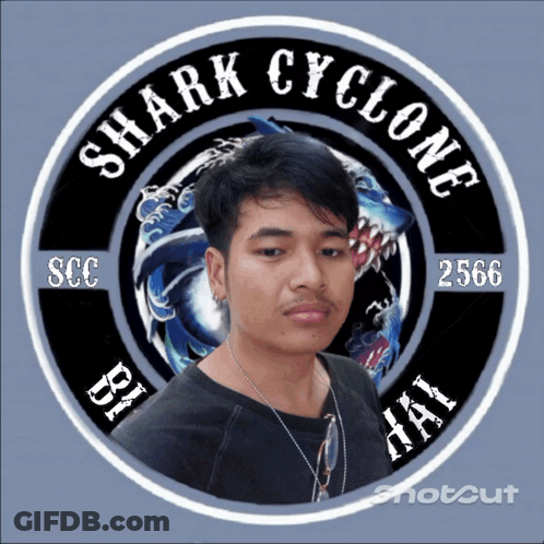 A Shark Cyclone Logo With A Picture Of A Man In The Center GIF