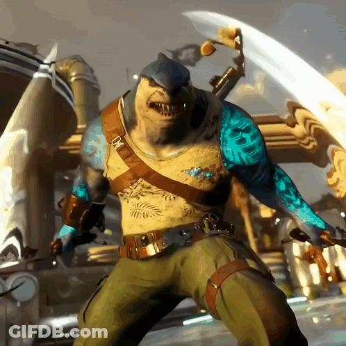 A Shark Holding A Sword And A Sword With The Letter D On It GIF