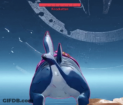 A Shark In A Video Game Has A Red Bar Above Its Head That Says Kissekaitten GIF