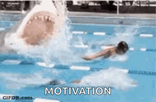A Shark Is Attacking A Swimmer In A Swimming Pool With The Word Motivation In The Corner GIF