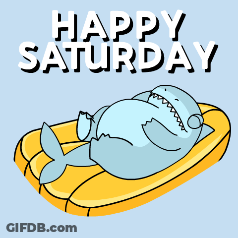 A Shark Is Laying On A Yellow Raft With The Words Happy Saturday Written Below It GIF