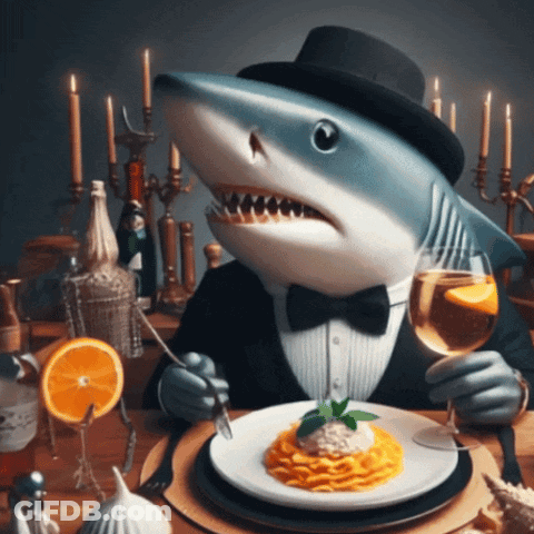 A Shark Is Sitting At A Table With A Plate Of Food GIF